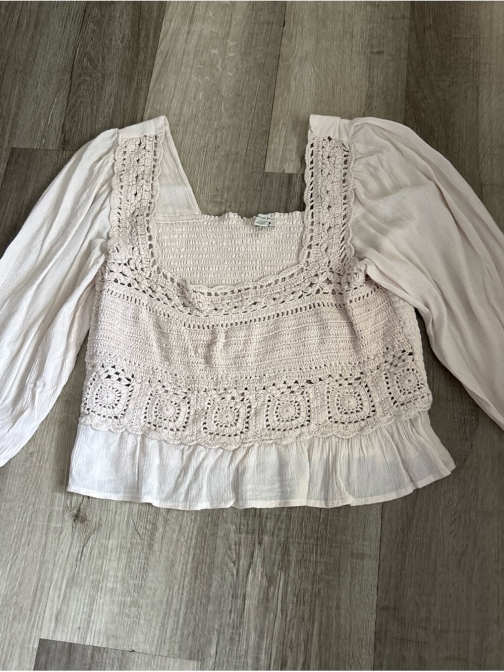 American Eagle Outfitters Crochet Square-Neck Peasant Top in Cream